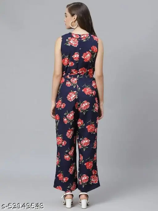 Trendy printed net crepe jumpsuit, sleeveless and vibrant, available in sizes S-XL & free size. Made in India