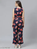 Trendy printed net crepe jumpsuit, sleeveless and vibrant, available in sizes S-XL & free size. Made in India
