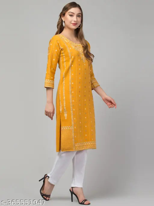 Yellow woolen A-line printed kurti with three-quarter sleeves. Handcrafted Indian fashion wear