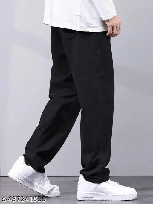Men's Steright Fit black baggy cotton pants, solid style, size 28 (29wa-38len-35hip), made in India