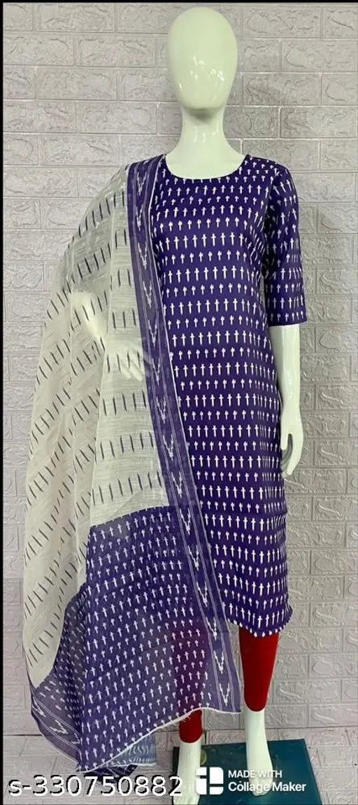 Ikkat cotton kurta with dupatta, printed set for Diwali festival, size M, three-quarter sleeves