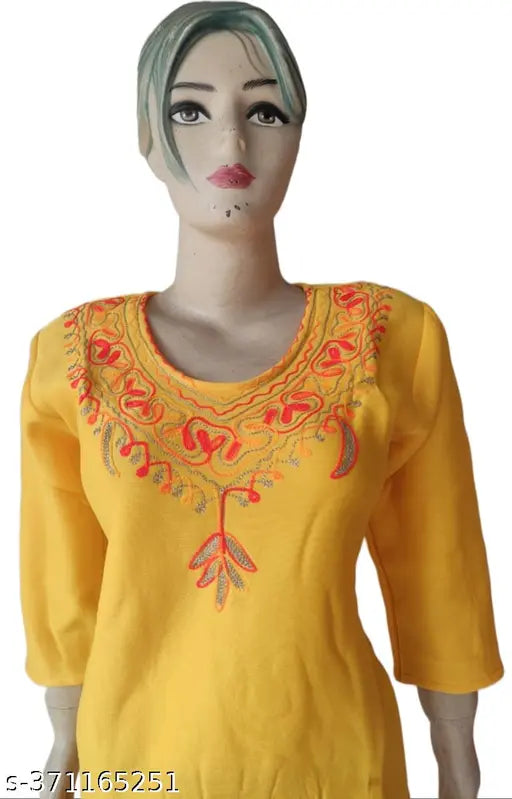 Yellow (Haldi) Woolen Kurti with Jari Wool Embroidery, three-quarter sleeves, India-origin women's traditional wear