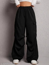 Black parachute cargo pant for women, elastic waistband, spacious pockets, durable polyester, self-design net, size XS-Free Size, fits 25-30 inches waist