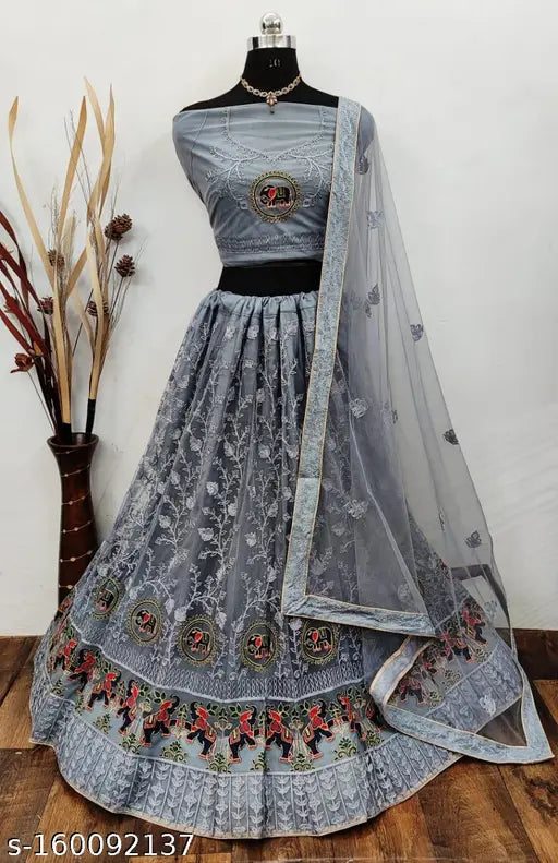 Gray net embroidered FLEX_Lehenga_Supriya with matching dupatta, traditional Indian topwear and drape accessory