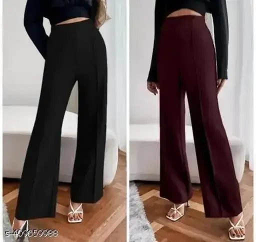 Solid-colored bell bottom trousers with premium cotton lycra fabric, available in sizes 28, 30, 32, 34, and 36 (India)