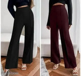Solid-colored bell bottom trousers with premium cotton lycra fabric, available in sizes 28, 30, 32, 34, and 36 (India)