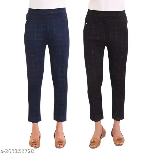 Trendy women's blue-black checkered Lycra jeggings with two pockets, comfortable and fashionable