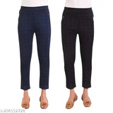 Trendy women's blue-black checkered Lycra jeggings with two pockets, comfortable and fashionable