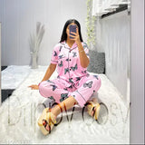 Silk blend butterfly print ladies night suit, luxurious and comfortable sleepwear set with short sleeves, made in India