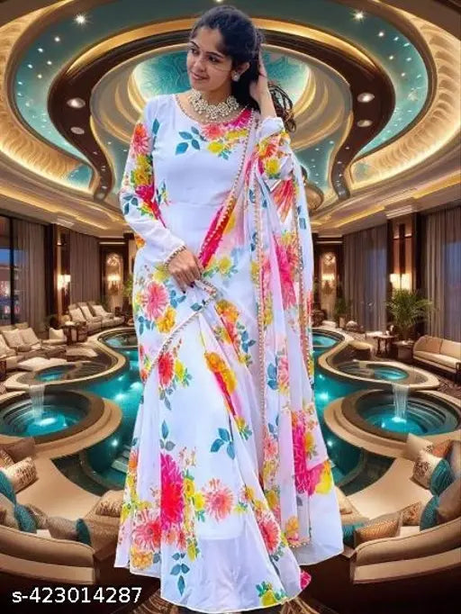 Premium quality Georgette lace dupatta red-yellow flower gown for women and girls, party wear on mannequin with collage background