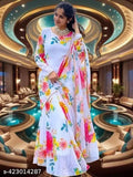 Premium quality Georgette lace dupatta red-yellow flower gown for women and girls, party wear on mannequin with collage background