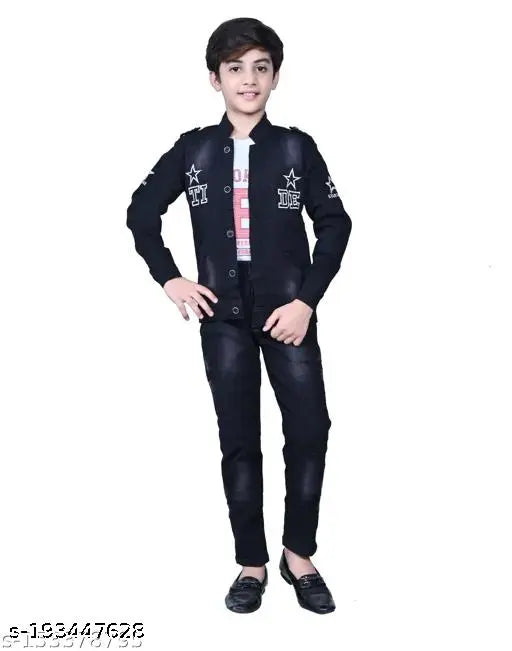 Black denim jackets, heavy wash solid fabric, long sleeves, kids' PUBG design, India