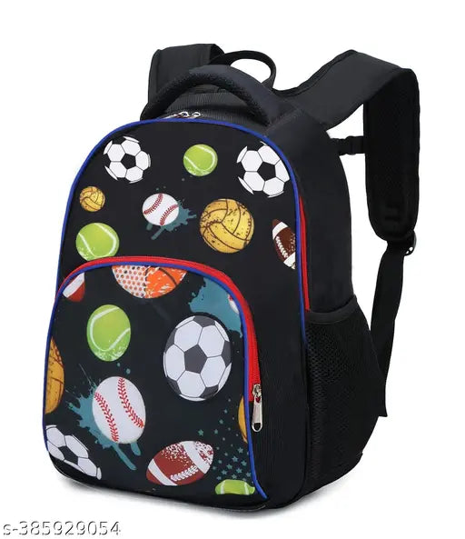 Polyester school backpack with pencil pocket, ideal for students Class 1 to 8. Black ball design, sturdy and practical, perfect for daily use