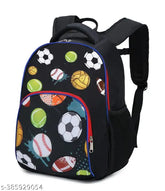 Polyester school backpack with pencil pocket, ideal for students Class 1 to 8. Black ball design, sturdy and practical, perfect for daily use