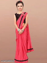 Festival & wedding special lycra blend saree for baby girl, woven design blouse with embroidered net. Soft, easy-to-wear unstitched saree in sizes 3-4yrs to 13-14yrs. India origin