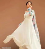 Georgette long-sleeved dress, white solid design, Indian handcrafted women's clothing