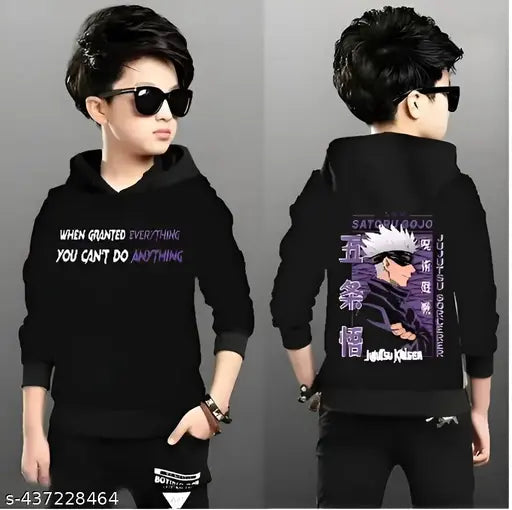 Boys cotton blend hoodie sweatshirt with long sleeves, printed design, popular kids clothing item for colder months or cooler weather. Size 5-6 years (chest size 31 in, length size 19 in)