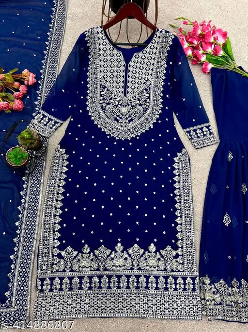 Heavy embroidery Georgette TopGharara and dupatta set, ready-to-wear Indian bridal wear with long sleeves