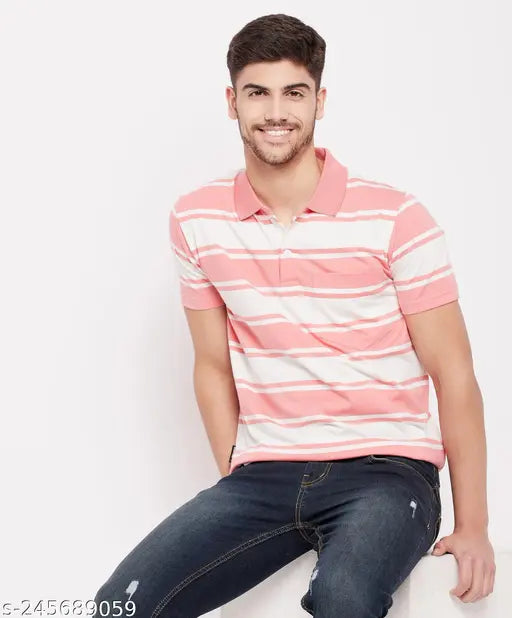 First Krush striped polo collar men's cotton t-shirt, peach and white stripes, short sleeves, India origin