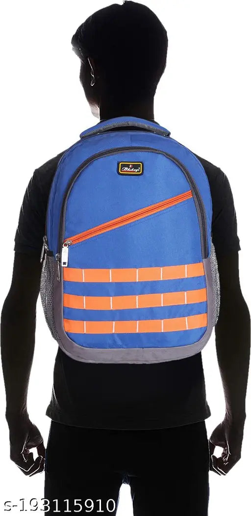 Blue and orange canvas school/college backpack with laptop compartment for boys/men (35 L), featuring a zippered front pocket, padded adjustable straps, and a mesh bottle holder