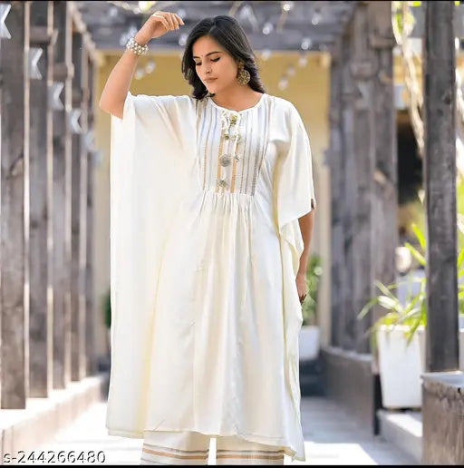 OffWhite rayon kaftan pant set, printed net, three-quarter sleeves, cream color