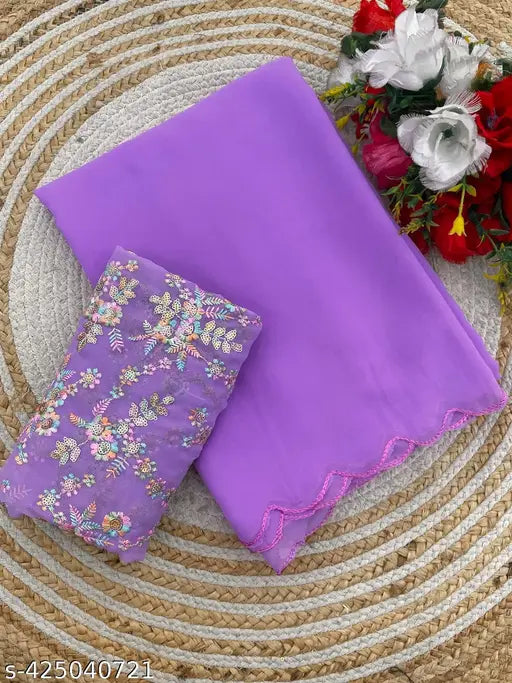 Vibrant Georgette Aishani Petite Saree with embroidered blouse and sequins, Free Size