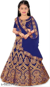 Blue embroidered satin lehenga choli and net dupatta set for girls party wear, semi-stitched with machine or hand wash instructions