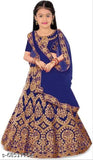 Blue embroidered satin lehenga choli and net dupatta set for girls party wear, semi-stitched with machine or hand wash instructions
