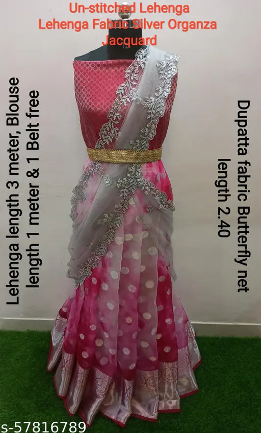 Fancy pink silver organza lehenga choli & dupatta set unstitched, Indian ethnic motif embroidered net and soft silk fabrics