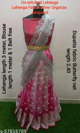 Fancy pink silver organza lehenga choli & dupatta set unstitched, Indian ethnic motif embroidered net and soft silk fabrics
