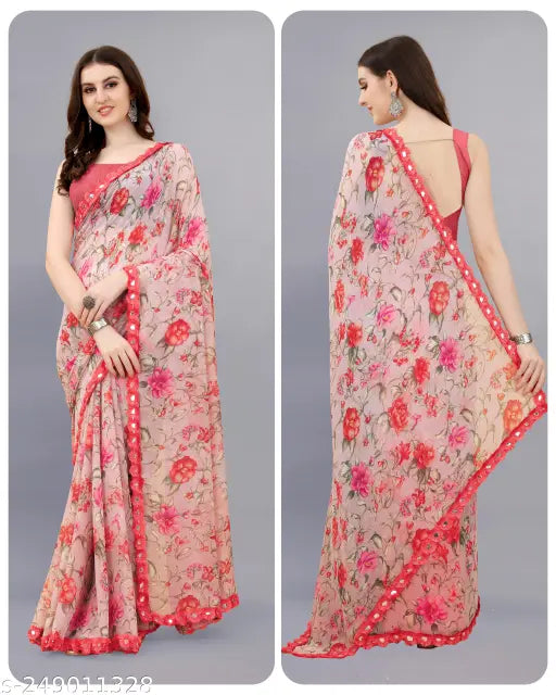 Daily wear fancy 2023 Bollywood printed Georgette saree with lace and separate blouse piece, embellished with embroidery on festive store under 199 SAREE - Indian-made Georgette saree and blouse