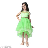 Green net hi-low girls party dress with embellished toy balloon parrot design, suitable for 2-3 years old children