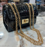 Synthetic textured net sling bag with heavy shoulder chain for women and girls, free size (8in x 7in x 4in), India origin