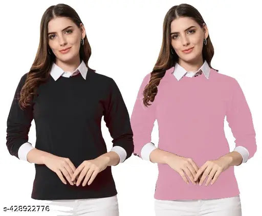 Trendy stylish cotton collar t-shirt with long sleeves, solid design, available in S-XL. Made in India