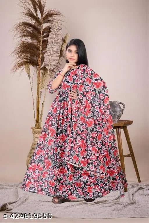 White organic Georgette Anarkali Kurta, printed net, three-quarter sleeves, ideal for festivals & weddings