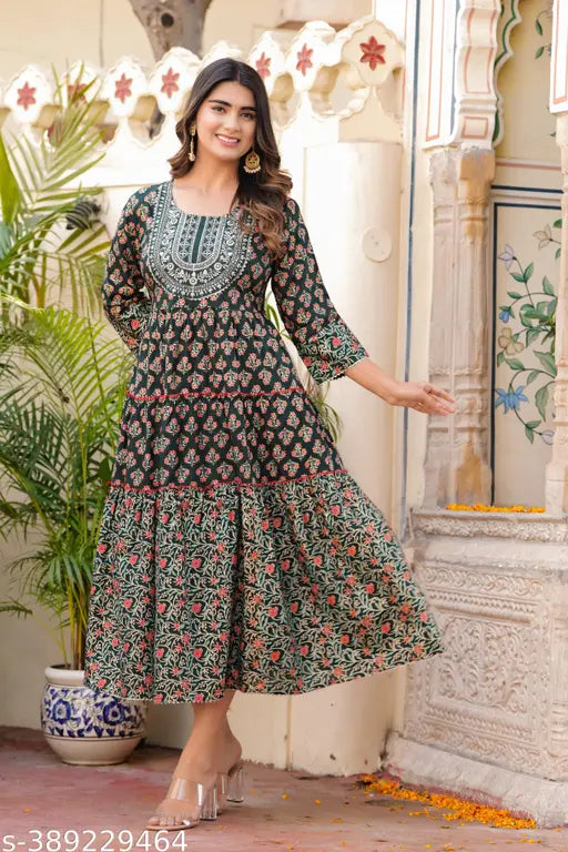 Green embroidered rayon flared anarkali gown kurta for women's/girls fashion, three-quarter sleeves with printed combo