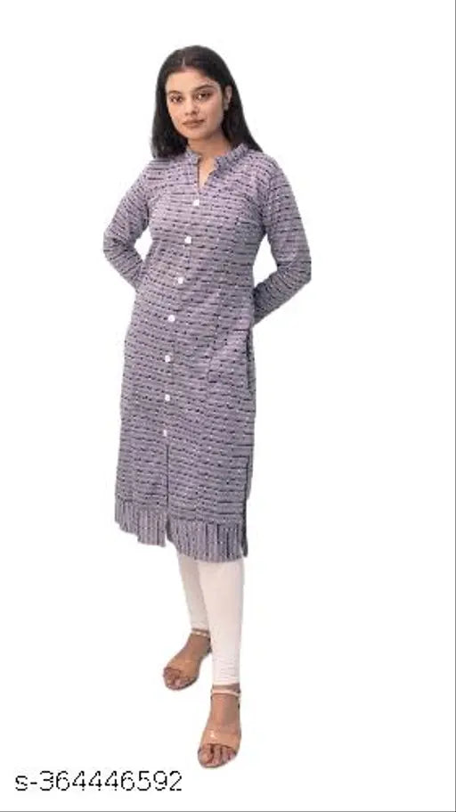 Woolen kurti for winters, long-sleeve printed combo in XL (42in bust). Stylish woolen winter wear, India origin