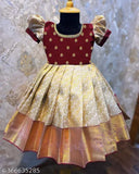 Soft silk and cotton silk flawsome trendy kids Lehanga Cholis with short sleeves, printed pattern and stitched net. Zari stitch style, available in sizes from 12-18 months to 14-15 years. Origin: India