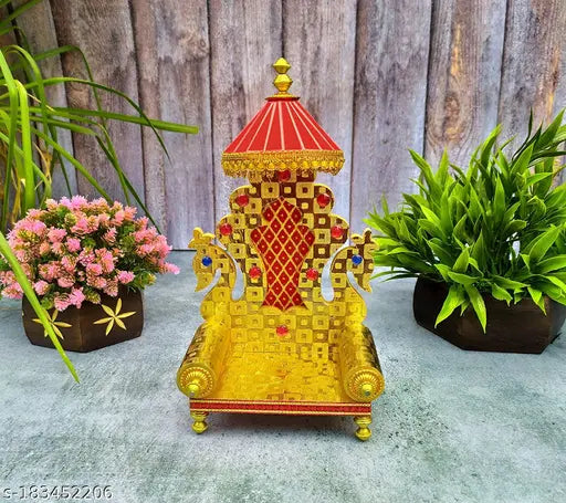 Golden wooden Singhasan by HINDE EXPORTS, 9 inches, traditional Indian decor piece for home shrine or living room