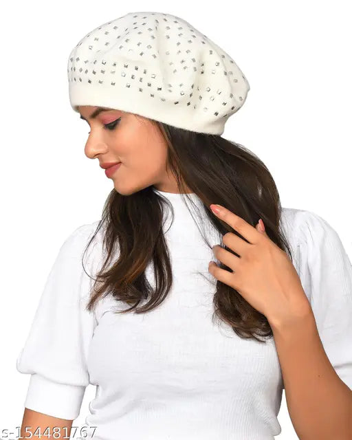 Warm, embellished woolen beanie cap for women, designed by SoSh. Perfect for winter