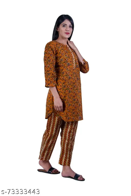 Mustard yellow cotton botanical print women's pyjama set & mask, soft & breathable for dreamy nights