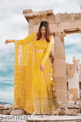 Embroidered net lehenga, blouse with dupatta set in free size, Indian embroidery on silk inner fabric