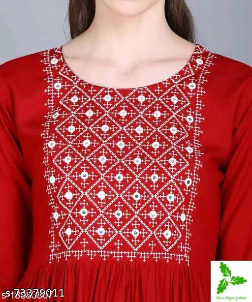 Rayon embroidered yoke women's anarkali kurti, three-quarter sleeves, trendy Indian fashion