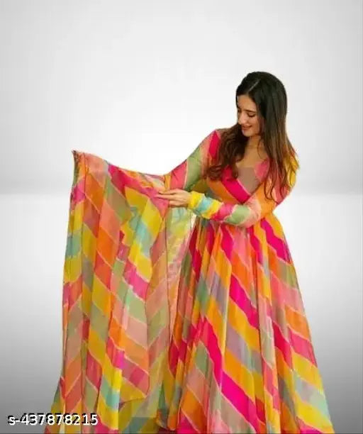 Designer printed striped Georgette anarkali gown set, trending partywear casual wedding wear for girls with long sleeves and high neck