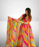 Designer printed striped Georgette anarkali gown set, trending partywear casual wedding wear for girls with long sleeves and high neck