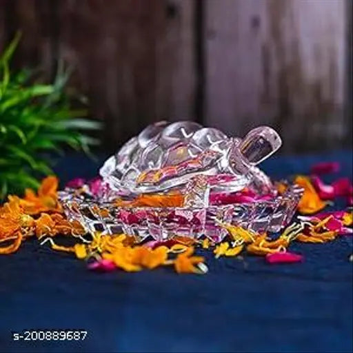 Glass Crystal Tortoise Kachua, feng shui turtle showpiece with bowl plate, Indian-made office or home decor