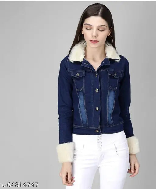 Dark blue denim waistcoat for women, solid pattern, long sleeves, size L