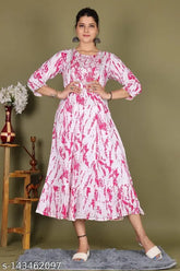 Tie-dye rayon umbrella kurti with lace border, printed combo for casual and festive wear. Available in multiple sizes from XS to 6XL. Made in India