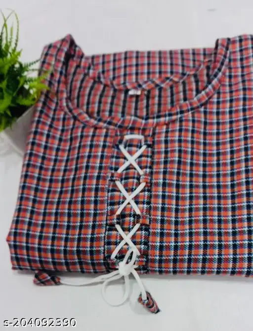 Stylish orange multicolor woolen kurti with three-quarter sleeves and checked pattern, women's top wear from India