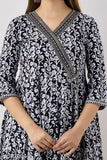 Black premium printed designer Anarkali embroidery women's rayon kurta with pant and cotton dupatta. Rayon and cotton fabric, three-quarter sleeves, printed set type, stitched net, size XS to 7XL, origin India
